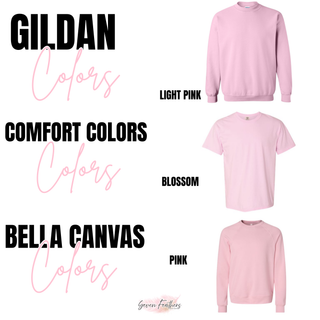 Bea's Place pink logo top available in Gildan light pink, Comfort Colors blossom, and Bella Canvas pink