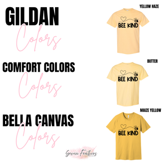 Bee Kind Heart Trail shirt color options in Gildan yellow haze, Comfort Colors butter, and Bella Canvas maize yellow
