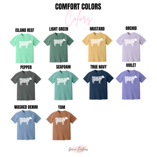 Beef Cuts Cow Diagram graphic tee shown in island reef, light green, mustard, orchid, and more Comfort Colors options