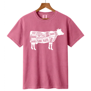 Comfort Colors Beef Cuts Cow Diagram graphic tee in mauve pink shown hanging on a wooden hanger