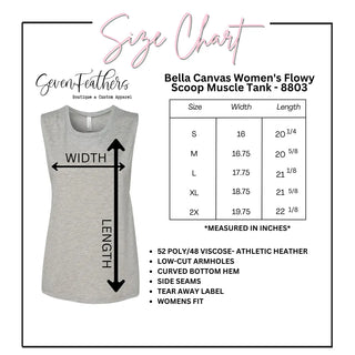 Size chart for women's scoop muscle tank showing width and length measurements
