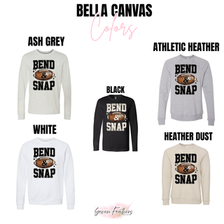 Bella Canvas bend and snap football color chart in ash grey, athletic heather, white, black, and heather dust