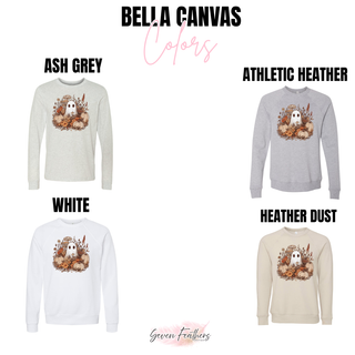 Bella Canvas color chart for boho ghost floral top in ash grey, athletic heather, white, and heather dust
