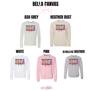 Bella Canvas color chart for Checkered Pop of Color Mama top in ash grey, heather dust, white, pink, and athletic heather
