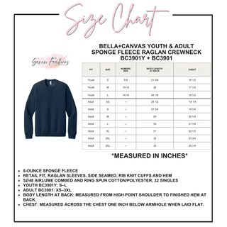 Bella+Canvas Youth and Adult Sponge Fleece Raglan Crewneck (BC3901Y/BC3901) size chart in navy, showing fit, size, numeric size, body length at back, and chest measurements in inches for youth S through L and adult XS through 3XL
