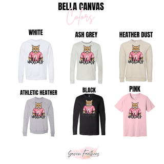 Bella Canvas chart for Hayden Wildcats pink jersey top in white, ash grey, heather dust, athletic heather, black, pink
