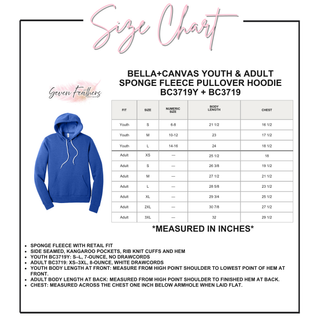 Bella+Canvas Youth and Adult Sponge Fleece Pullover Hoodie (BC3719Y/BC3719) size chart in blue, showing fit, size, numeric size, body length, and chest measurements in inches for youth S through L and adult XS through 3XL