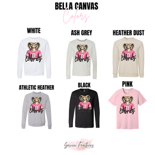 Bella Canvas chart for Jackson Heights Cobras pink jersey top in white, ash grey, heather dust, athletic heather, black, pink

