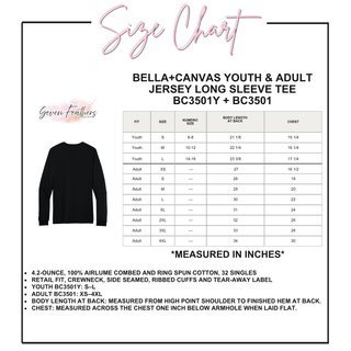 Bella+Canvas Youth and Adult Jersey Long Sleeve Tee (BC3501Y/BC3501) size chart in black, showing fit, size, numeric size, body length at back, and chest measurements in inches for youth S through L and adult XS through 4XL
