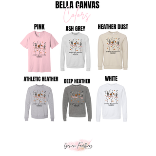 Bella Canvas pumpkin spice pirouettes color chart in pink, ash grey, heather dust, athletic heather, deep heather, and white