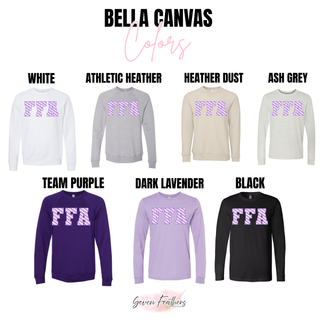 Bella Canvas Royal Valley Ag lavender daisy color chart in white, athletic heather, heather dust, ash grey, team purple, dark lavender, and black