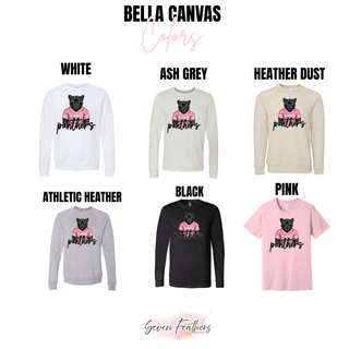 Bella Canvas chart for Royal Valley Panthers pink jersey top in white, ash grey, heather dust, athletic heather, black, pink

