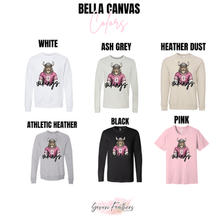 Bella Canvas chart for Seaman Vikings pink jersey top in white, ash grey, heather dust, athletic heather, black, pink
