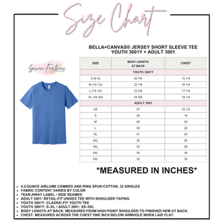 Bella+Canvas Youth and Adult Jersey Short Sleeve Tee (3001Y/3001) size chart in blue, showing body length at back and chest measurements in inches for youth S through XL and adult XS through 5XL