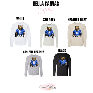 Bella Canvas color chart for St. Marys Bears blue jersey top in white, ash grey, heather dust, athletic heather, and black
