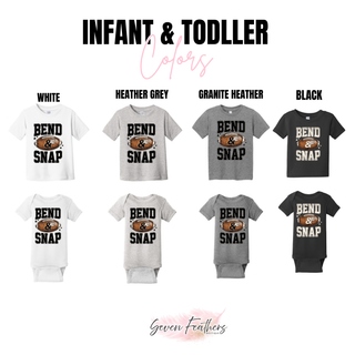 Bend and snap football infant and toddler color chart in white, heather grey, granite heather, and black