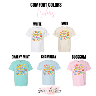 Best Teacher In The Galaxy Comfort Colors tee in white, ivory, chalky mint, chambray, and blossom