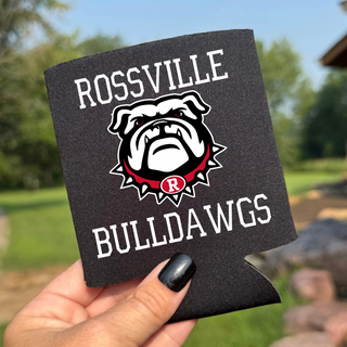 Black Rossville Bulldawgs koozie held outdoors with Rossville Bulldawgs mascot and collar graphic in red and white
