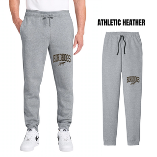 Athletic heather core fleece joggers with camo arch BIRDDOGS lettering and bird dog mascot on the lower leg