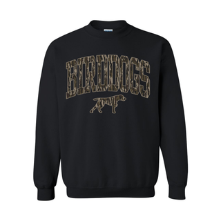 Black crewneck sweatshirt featuring arched camouflage BIRDDOGS lettering and a bird dog mascot for Birddogs Basketball