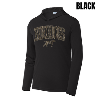 Black PosiCharge Competitor hoodie with camo arch BIRDDOGS lettering and bird dog mascot