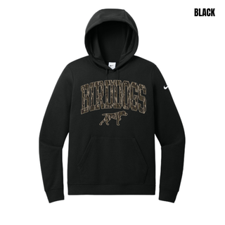 Black women's fleece hoodie with camo arch BIRDDOGS lettering and bird dog mascot across the chest
