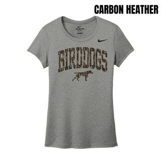 Carbon heather women's rLegend tee with camo arch BIRDDOGS lettering and bird dog mascot for Birddogs Basketball