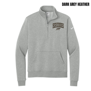 Dark grey heather women's club fleece half-zip with camo arch BIRDDOGS lettering and bird dog mascot on the left chest