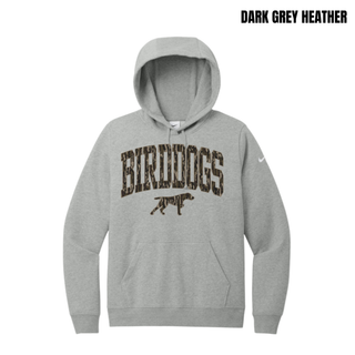 Dark grey heather women's fleece hoodie with camo arch BIRDDOGS lettering and bird dog mascot across the chest