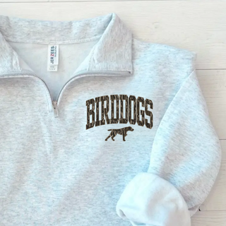 Birddogs Basketball fleece quarter-zip with camo arch BIRDDOGS lettering and a bird dog mascot