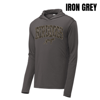 Iron grey PosiCharge Competitor hoodie with camo arch BIRDDOGS lettering and bird dog mascot
