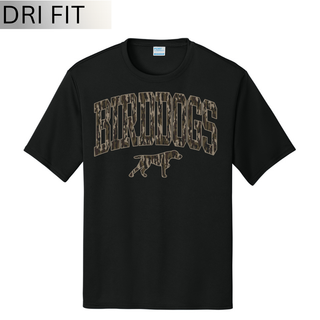 Jet black Birddogs Basketball performance top with camo arch BIRDDOGS lettering and a bird dog mascot