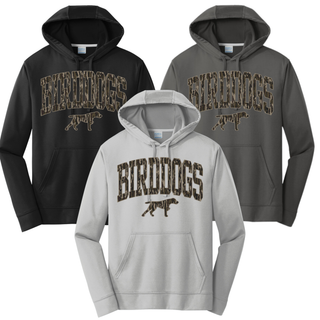 Birddogs Basketball Camo Arch Mascot Performance Fleece Hoodie color options in black, silver, and charcoal