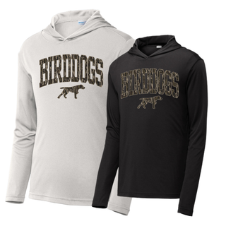 Birddogs Basketball Camo Arch Mascot PosiCharge Competitor Hoodie options in silver, black, and iron grey