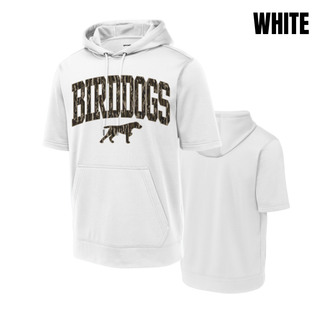 Birddogs Basketball short sleeve fleece hoodie with camo arch BIRDDOGS lettering and bird dog mascot