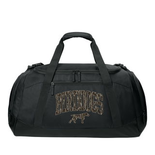 Black Birddogs Basketball team duffel bag with camo arch lettering and bird dog mascot