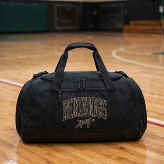 Birddogs Basketball Camo Arch Mascot Team Duffel Bag in black on a basketball court