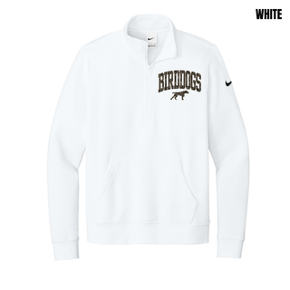 White women's club fleece half-zip with camo arch BIRDDOGS lettering and bird dog mascot on the left chest