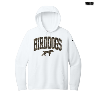 White women's fleece hoodie with camo arch BIRDDOGS lettering and bird dog mascot across the chest