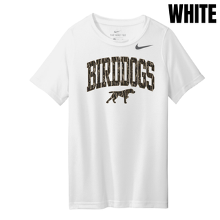 White youth rLegend performance top with camo arch BIRDDOGS lettering and bird dog mascot for Birddogs Basketball