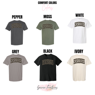 Birddogs Basketball Camo Arch Tee Comfort Colors color options: Pepper, Moss, White, Grey, Black, Ivory