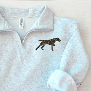 Ash Grey Birddogs Basketball fleece quarter-zip with camo Birddog left chest design in a close-up lifestyle view
