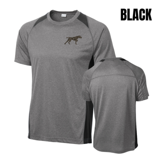 Grey Heather and Black Birddogs Basketball colorblock performance tee with camo Birddog left chest design, front and back views
