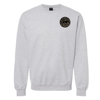 Birddogs Basketball Camo Circle Top shown on a grey crewneck