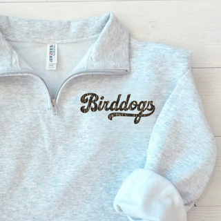 Ash Grey fleece quarter-zip with camo Birddogs script artwork on the left chest