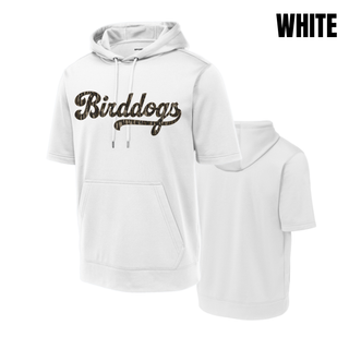 White short sleeve fleece hoodie with camo Birddogs script artwork