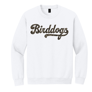 White crewneck top with camo Birddogs script artwork and basketball accent