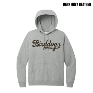 Dark Grey Heather Birddogs Basketball Camo Script Women's Fleece Hoodie with camo script lettering and basketball accent