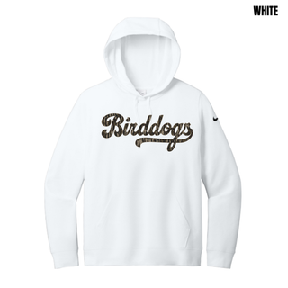 White Birddogs Basketball Camo Script Women's Fleece Hoodie with camo script lettering and basketball accent