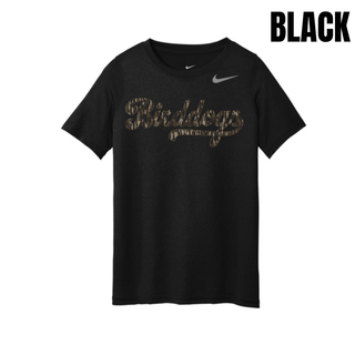 White Birddogs Basketball Camo Script Youth Performance Tee with camo script lettering and basketball accent